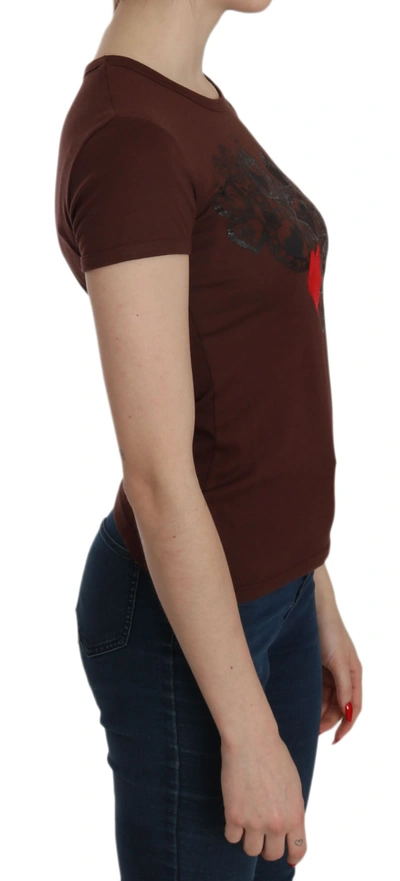 Exte Heart Print Crew Neck  Short Sleeve Blouse In Brown