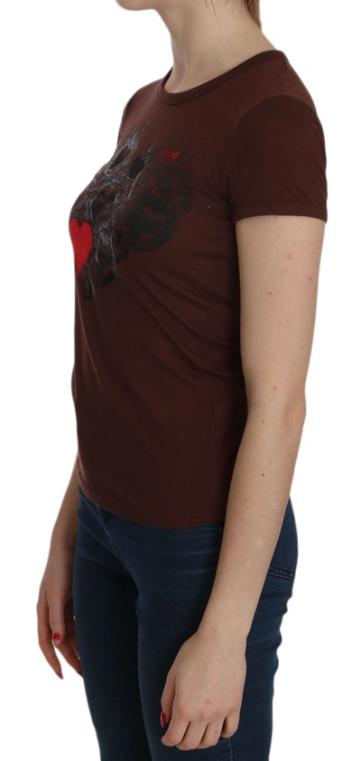 Exte Heart Print Crew Neck  Short Sleeve Blouse In Brown