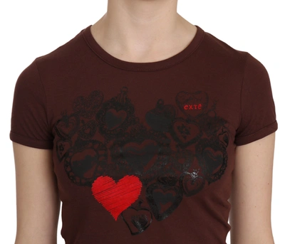 Exte Heart Print Crew Neck  Short Sleeve Blouse In Brown