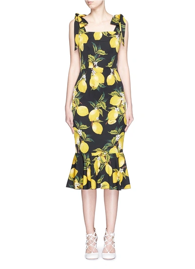 princess polly baby blue dress MISSGUIDED Shoulder Tie Italian Lemon Print Sweetheart Neckline Midi Dress ｜MISSGUIDED main image 1