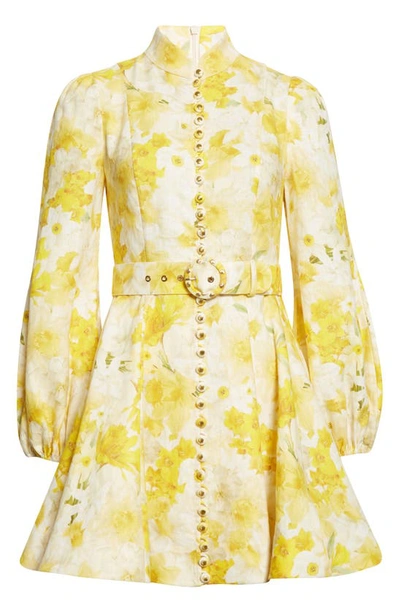 Shop Zimmermann Wonderland Floral Long Sleeve Linen Dress In Daffodil Print