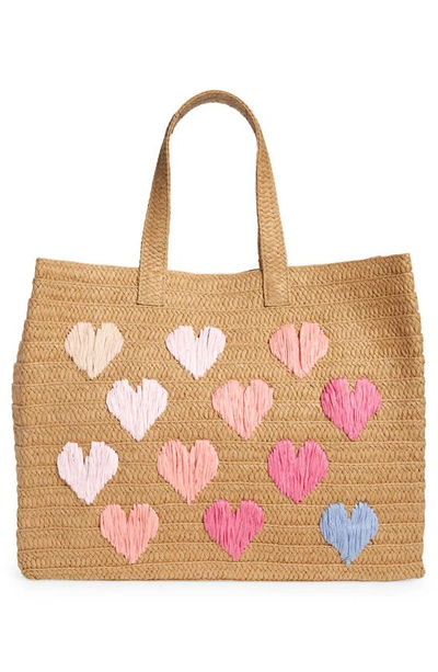 Shop Btb Los Angeles Be Mine Straw Tote In Sand / Pink Rainbow