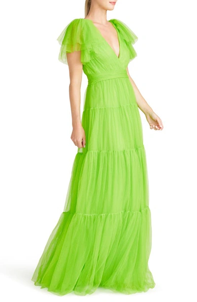 Shop ml Monique Lhuillier Flutter Sleeve Tiered Tulle Gown In Halcyon Green