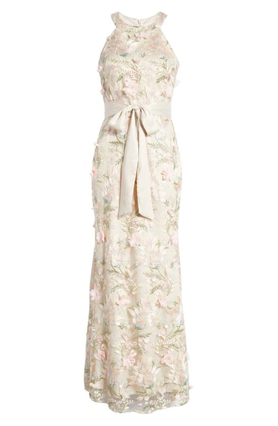 Shop Eliza J Floral 3d Embroidered Halter Neck Gown In Pink Champagne