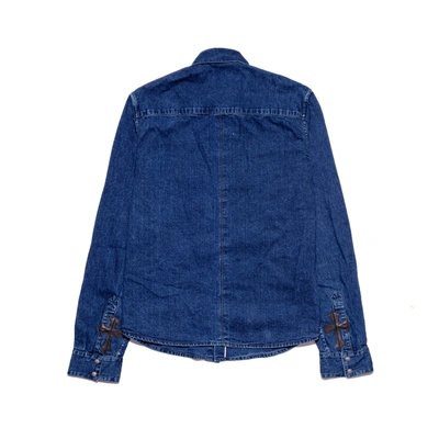 Shop Chrome Hearts Denim Shirt With Leather Cross Patch Blue