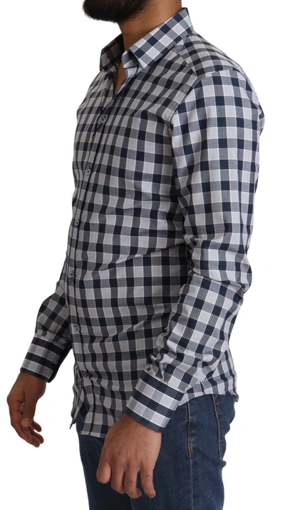 Shop Dolce & Gabbana Blue White Check Cotton Slim Fit Gold Men's Shirt In Blue And White