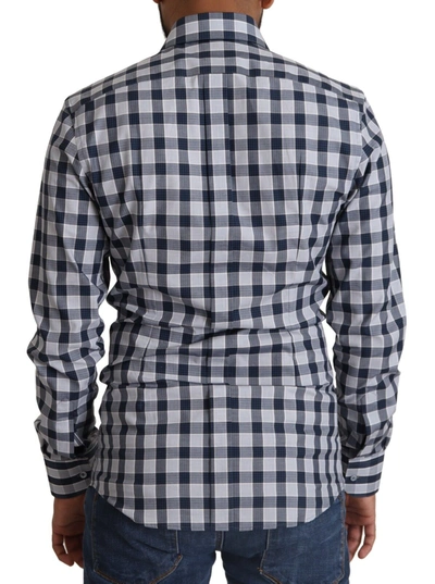 Shop Dolce & Gabbana Blue White Check Cotton Slim Fit Gold Men's Shirt In Blue And White