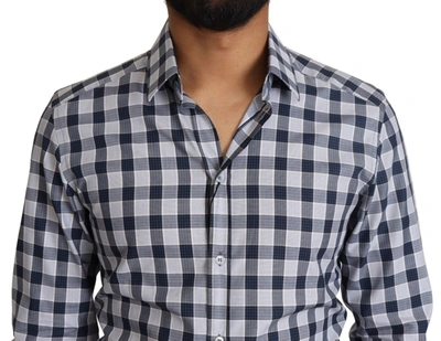 Shop Dolce & Gabbana Blue White Check Cotton Slim Fit Gold Men's Shirt In Blue And White
