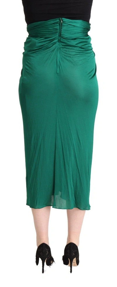 Shop Dolce & Gabbana Dark Green High Waist Midi Pencil Cut Pleated Women's Skirt