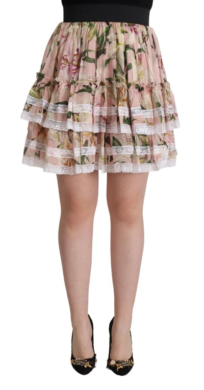 Shop Dolce & Gabbana Pink Lily Print Silk Mini Tiered A-line Women's Skirt