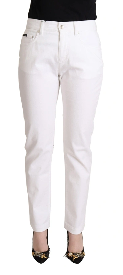 Shop Dolce & Gabbana White Cotton Mid Waist Denim Tapered Women's Jeans