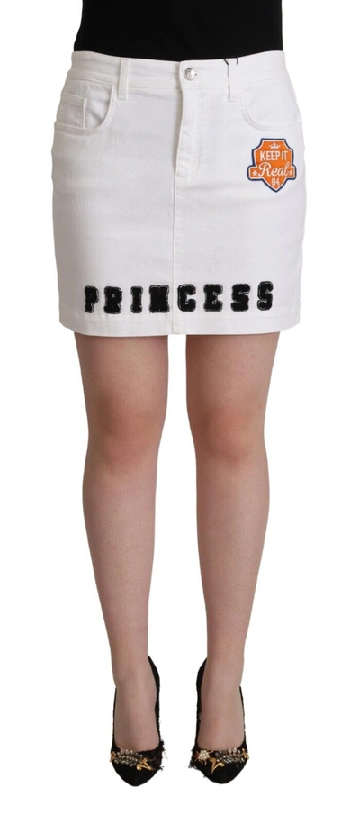 Shop Dolce & Gabbana White Princess Embellish Mini Denim Pencil Cut Women's Skirt