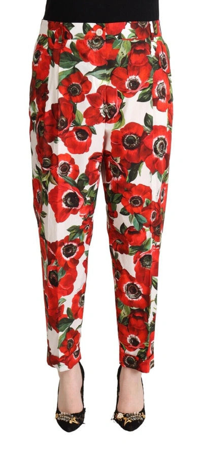 Shop Dolce & Gabbana White Red Anemone Cotton Trouser Tapered Women's Pants In White And Red