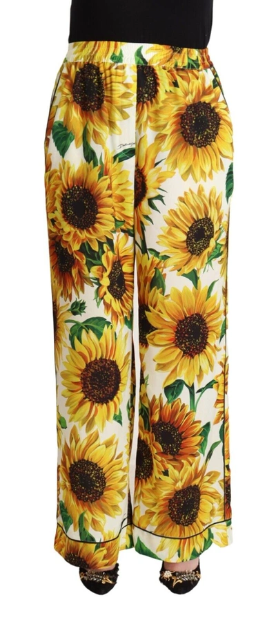 Shop Dolce & Gabbana White Sunflower Print Mid Waist Wide Leg Women's Pants