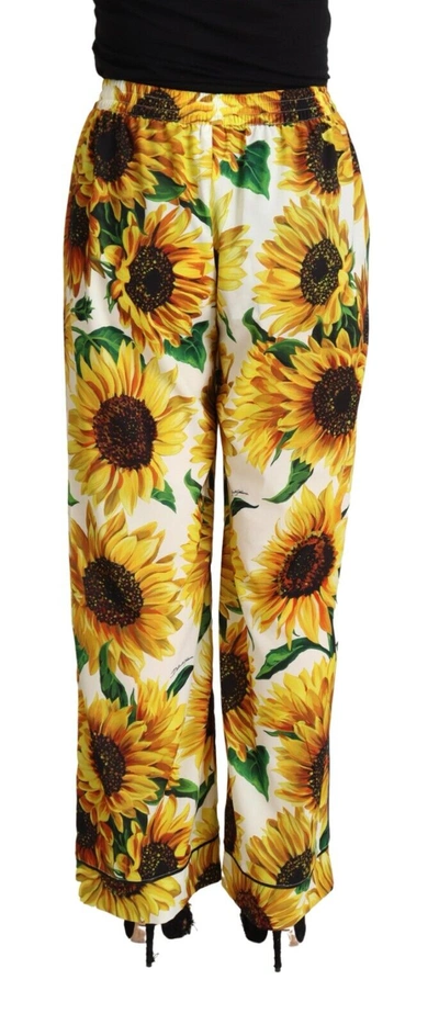 Shop Dolce & Gabbana White Sunflower Print Mid Waist Wide Leg Women's Pants
