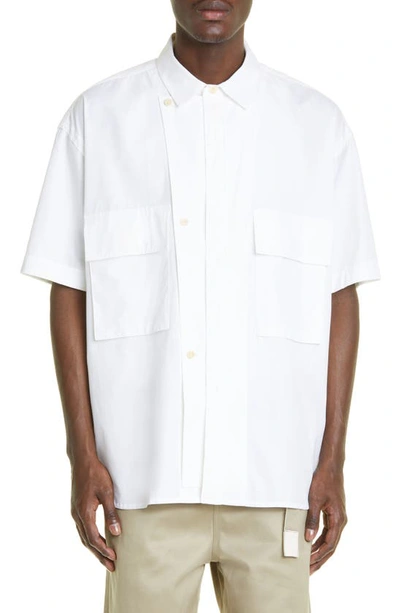 Boxy Two-pocket Short Sleeve Cotton Poplin Button-up Shirt In White