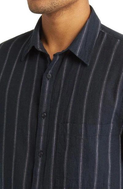 Shop Vince Windsor Stripe Short Sleeve Linen Button-up Shirt In Coastal