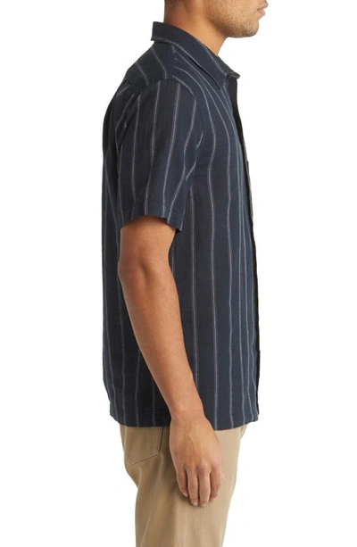 Shop Vince Windsor Stripe Short Sleeve Linen Button-up Shirt In Coastal