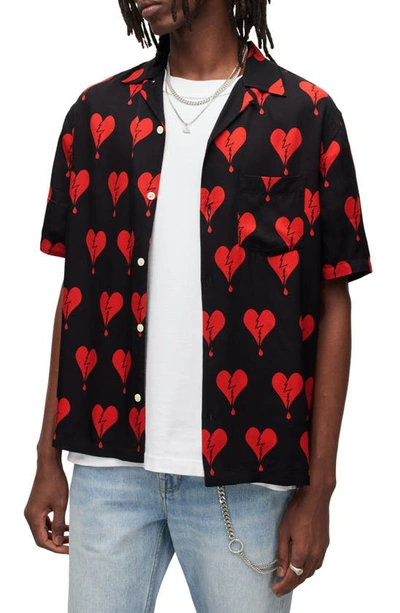 Allsaints Short Sleeve Broken Heart Print Shirt In Jet Black