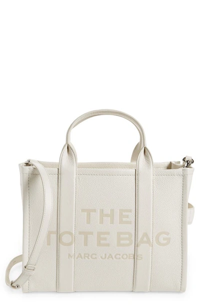 Shop Marc Jacobs The Leather Medium Tote Bag In Cotton/silver
