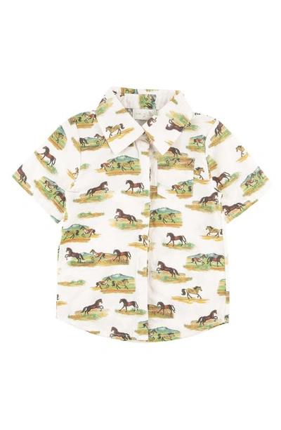 Shop Miki Miette Kids' Lexington Horse Print Short Sleeve Button-up Shirt In Cream