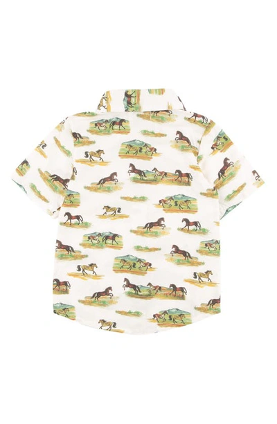 Shop Miki Miette Kids' Lexington Horse Print Short Sleeve Button-up Shirt In Cream