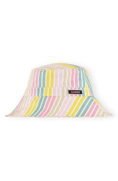 Shop Ganni Stripe Logo Patch Organic Cotton Bucket Hat In Pink Multicolour