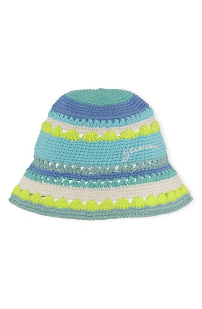 Shop Ganni Stripe Organic Cotton Crochet Bucket Hat In Blue Curacao