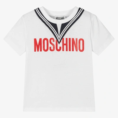 Shop Moschino Kid-teen Boys White Cotton Sailor Logo T-shirt