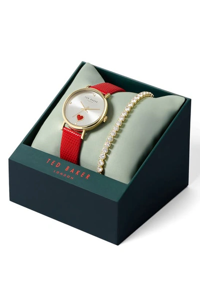 Shop Ted Baker Phylipa Leather Strap Watch & Bracelet Set, 34mm In Yellow Gold/ Silver/ Red