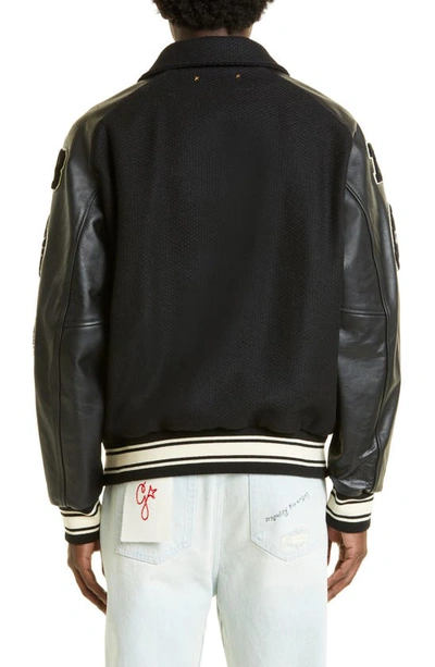 Golden Goose Black Bomber Jacket With Leather Inserts And Logo Patch In Wool Man In Black