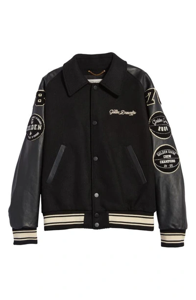 Golden Goose Black Bomber Jacket With Leather Inserts And Logo Patch In Wool Man In Black