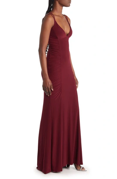 Shop Jump Apparel Ruched Lace-up Jersey Column Gown In Wine