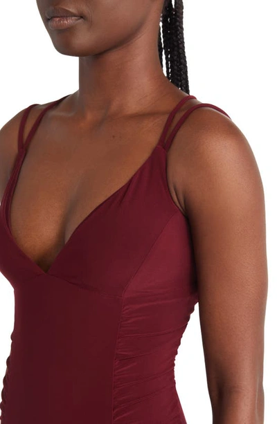 Shop Jump Apparel Ruched Lace-up Jersey Column Gown In Wine