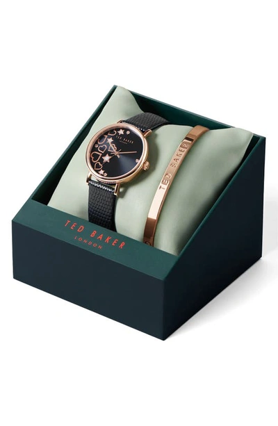 Ted Baker London Phylipa Leather Strap Watch & Bangle Bracelet Set, 34mm In Rose Gold/ Black/ Black
