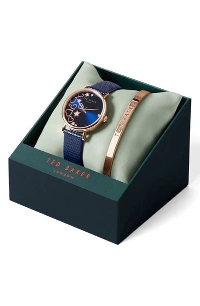 Shop Ted Baker Phylipa Leather Strap Watch & Bangle Bracelet Set, 34mm In Rose Gold/ Blue/ Blue