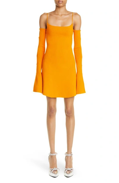 Shop Mach & Mach Amelie Crystal Bow Ribbed Cold Shoulder Long Sleeve Sweater Dress In Orange