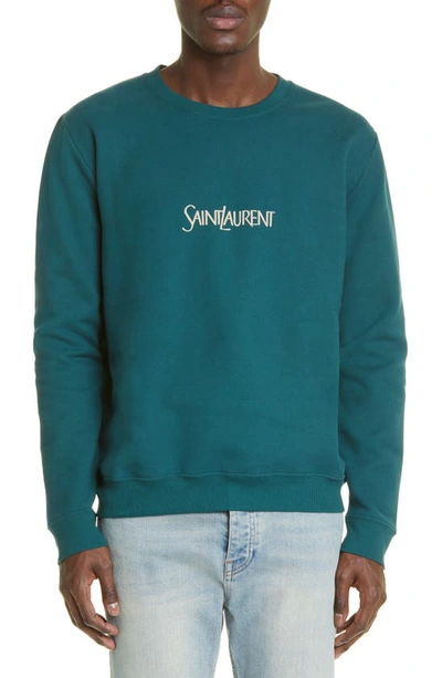 Shop Saint Laurent Logo Crewneck Sweatshirt In Vert/ Naturel