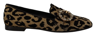 Shop Dolce & Gabbana Gold Leopard Print Crystals Loafers Women's Shoes In Brown