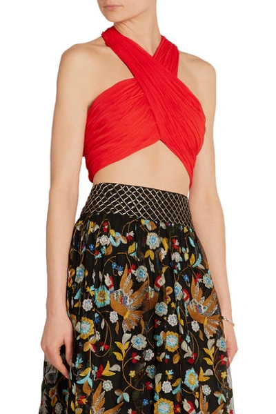 Shop Alice And Olivia Tracee Cropped Plissé-georgette Halterneck Top