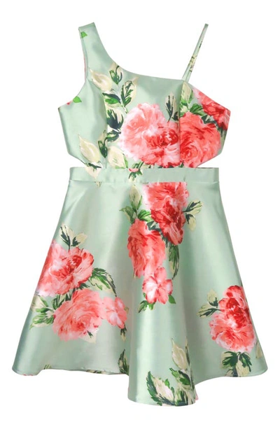Shop Zunie Kids' Floral Print Cutout Satin Dress In Sage/ Multi