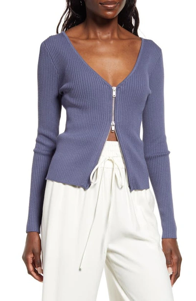 Shop Open Edit Shrunken Zip Detail Cardigan In Blue Shadow