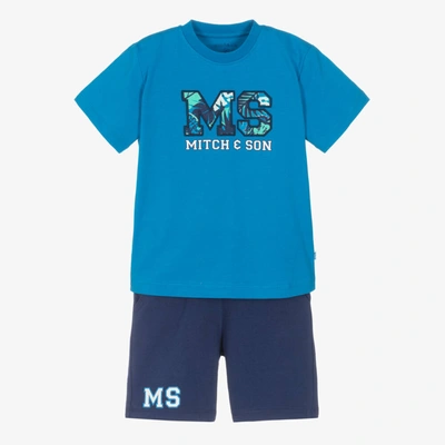 Shop Mitch & Son Boys Blue Cotton Varsity Logo Shorts Set