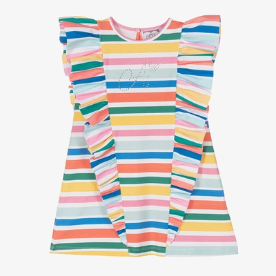Shop A Dee Girls Rainbow Stripe Ruffle Cotton Dress In Blue