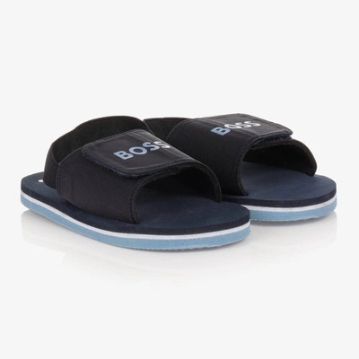 Shop Hugo Boss Boss Boys Navy Blue Logo Sandals