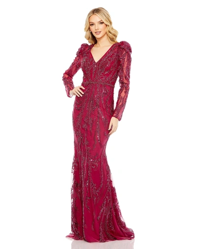 Shop Mac Duggal Embellished Puff Sleeve V Neck Gown In Berry