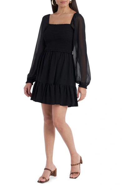 Shop 1.state Smock Bodice Ruffle Hem Long Sleeve Minidress In Rich Black