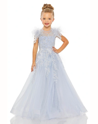 Shop Mac Duggal Girls Feather Sleeve Detail Glitter Tulle Dress In Ice Blue