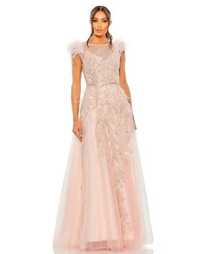 Shop Mac Duggal High Neck Feather Detail Beaded Gown In Blush