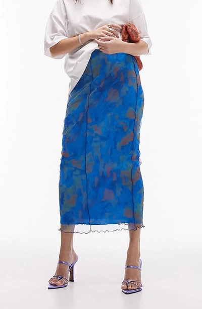Topshop Abstract Print Mesh Midi Skirt In Medium Blue